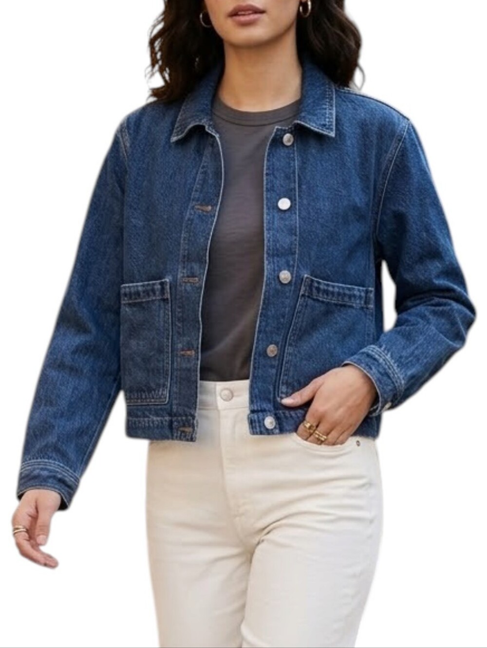 FRAME Noble Denim Jacket Cropped Boxy Workwear Medium Wash Blue XS